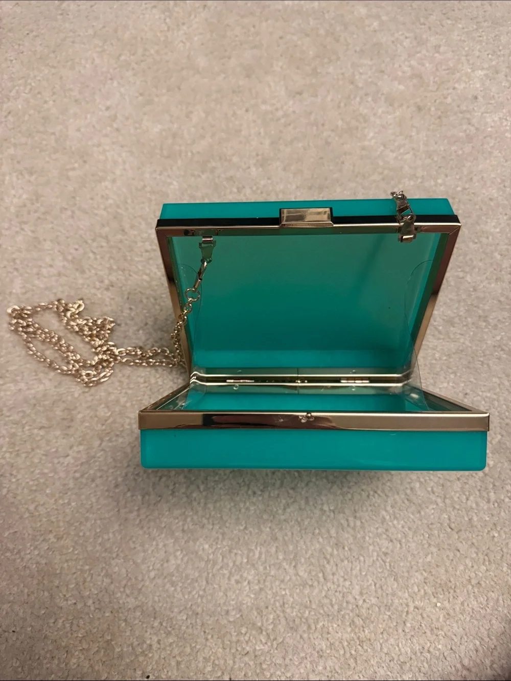 Teal Acrylic Box Clutch with Gold Chain